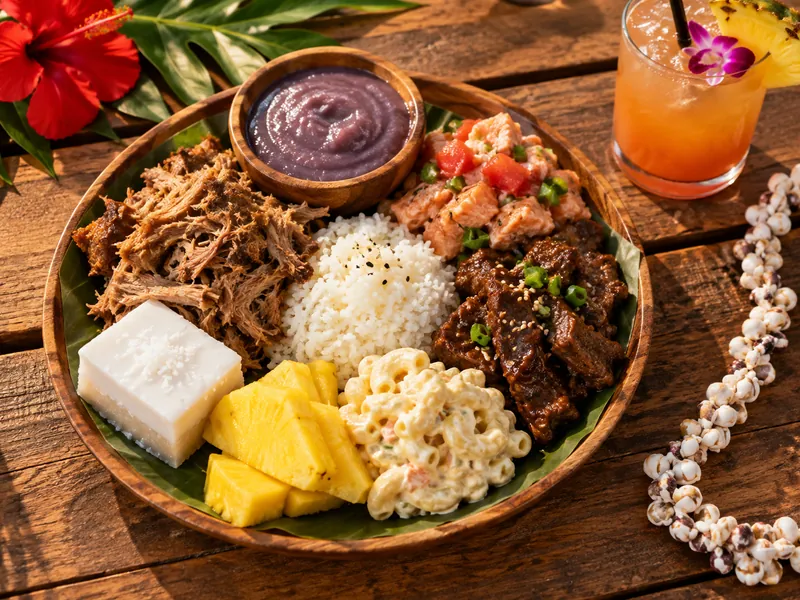 Luau dinner plate with kalua pig, poi, lomi lomi salmon and haupia