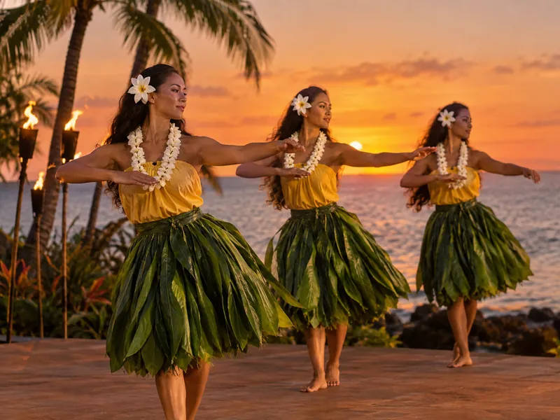 Hula dancers in ti-leaf skirts on an open-air beach stage at dusk