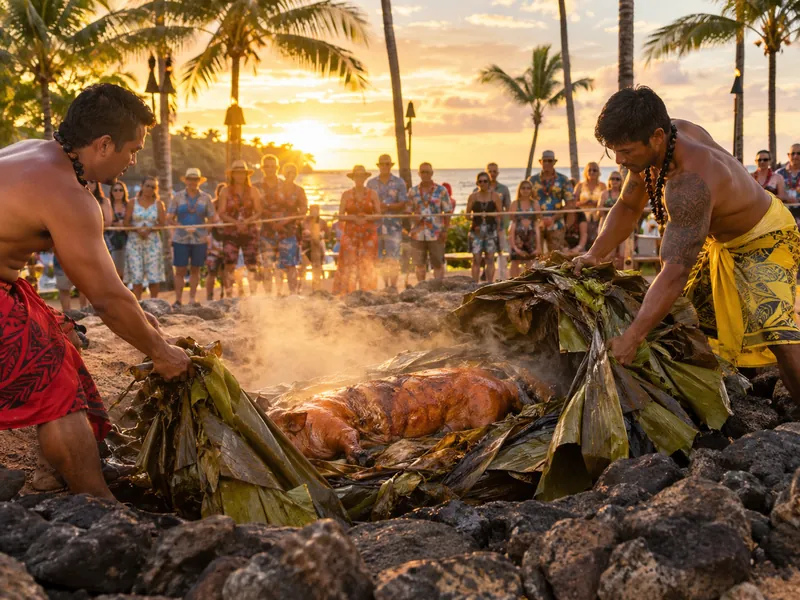 Imu ceremony with a roasted kalua pig lifted from an earth oven on the beach