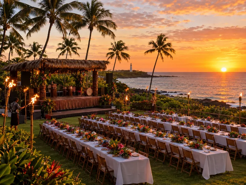 Beachfront luau grounds with long tables and tiki torches at sunset
