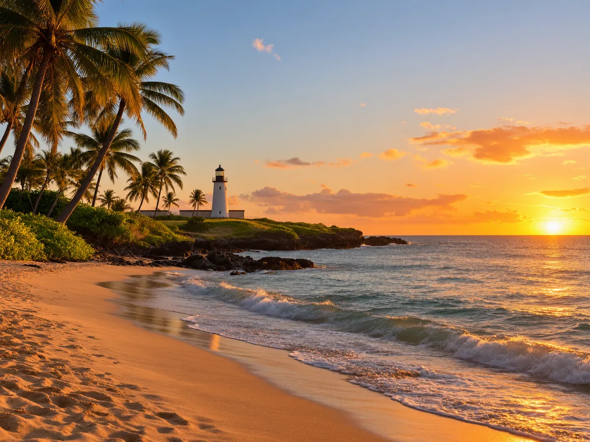 Palm-lined beach and white lighthouse on Oahu's leeward coast at golden hour