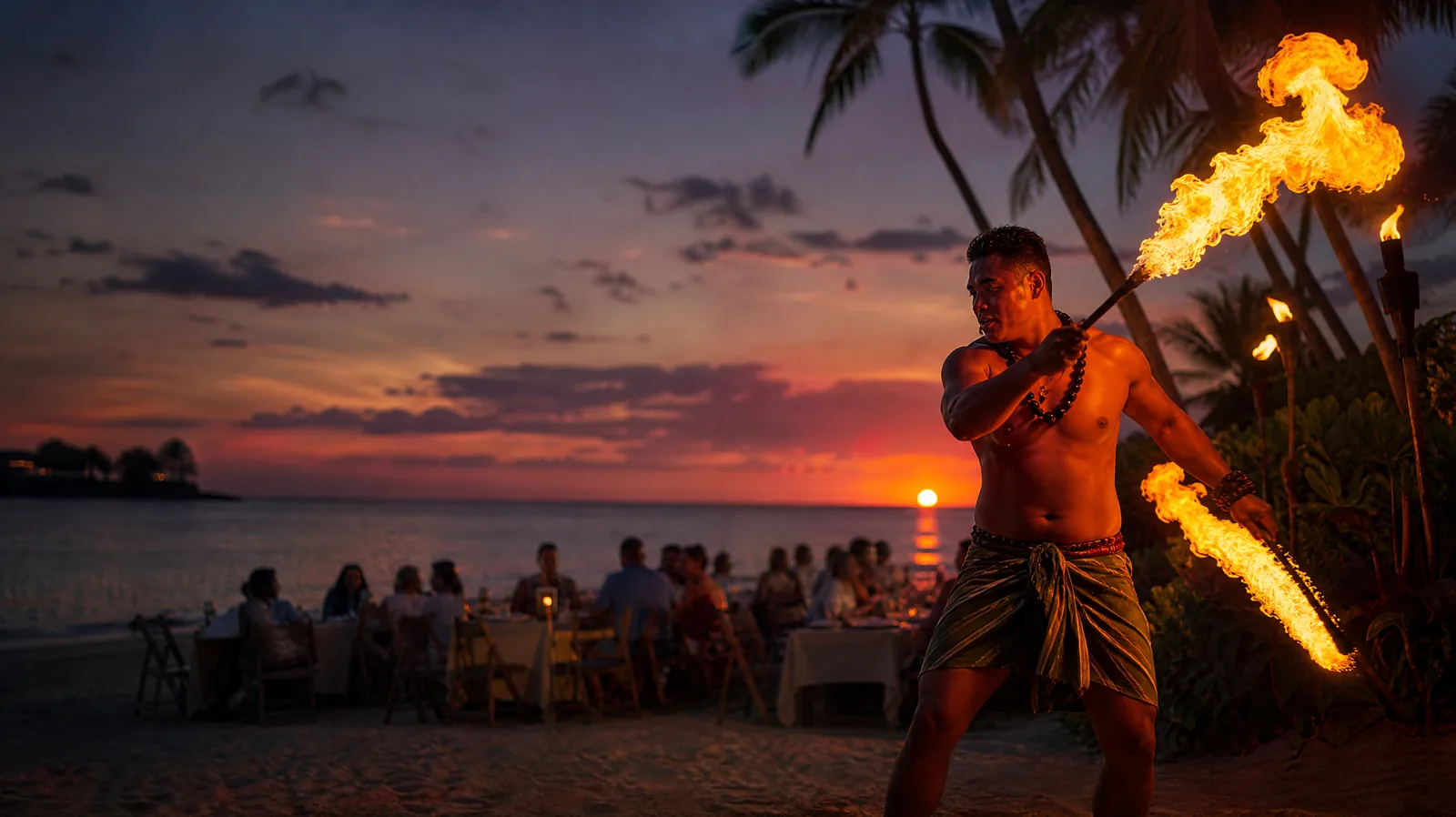 Fire-knife dancer at a beachfront luau on Oahu at sunset